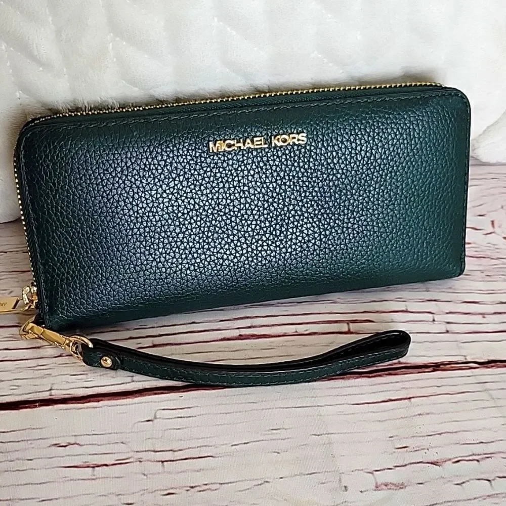 MICHAEL KORS Pebble Leather Spruce Green Wallet with Wristlet Strap - Picture 7 of 9